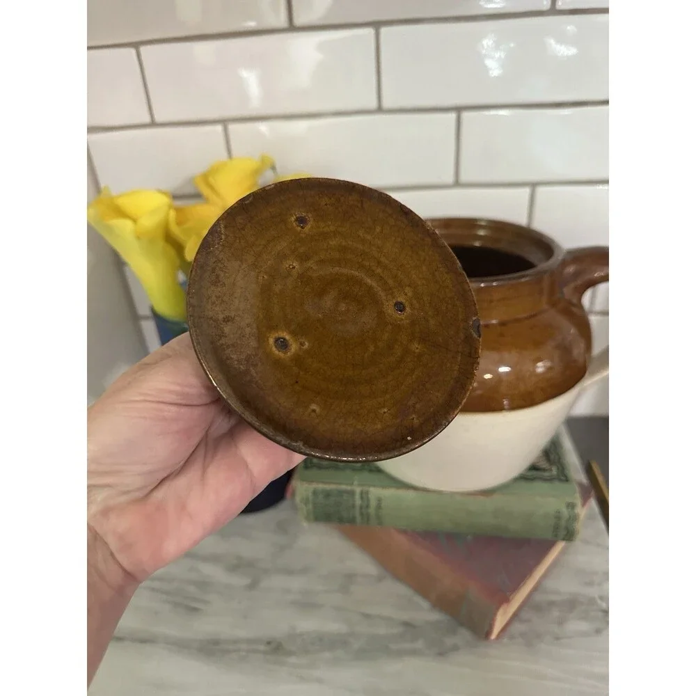 Vintage Antique Stoneware 2 Tone Brown One Handle Crock Bean Pot Americana